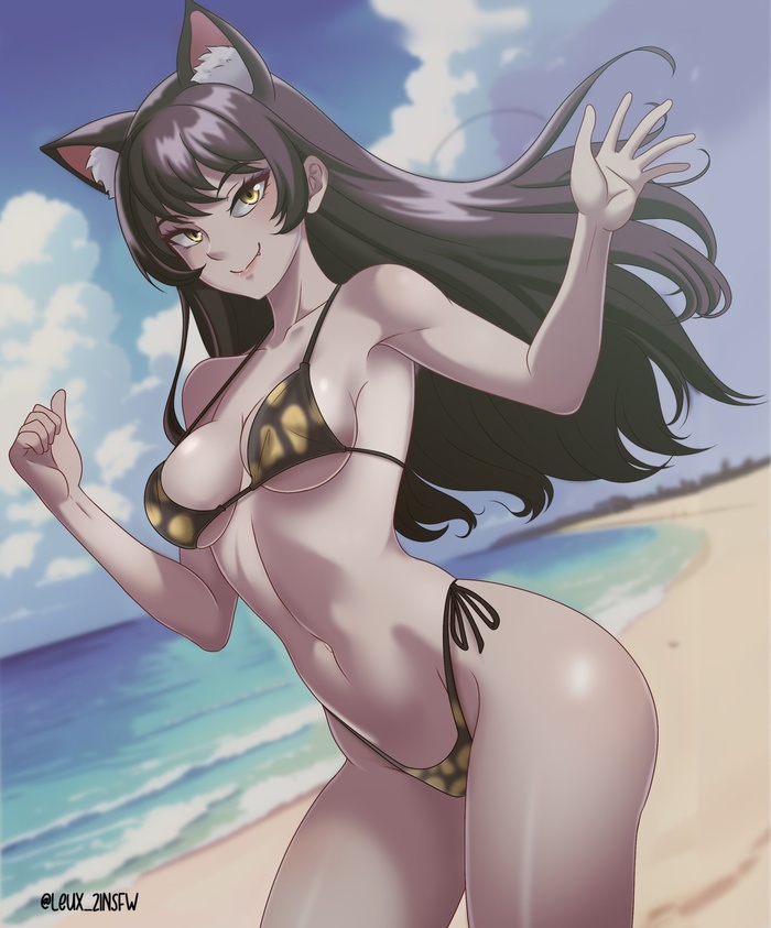 В купальниках - NSFW, RWBY, Yang Xiao Long, Blake Belladonna, Weiss Schnee, Anime Art, Animal Ears, Арт, Аниме, Купальник, Море, Пляж, Сиськи, Небо, Облака, Длиннопост