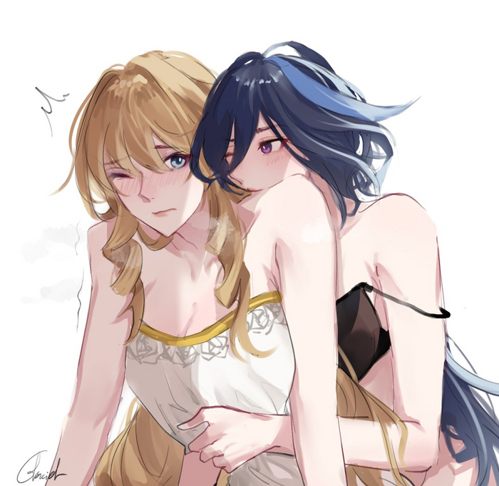 Cute Navia and Clorinde hugs from Genshin Impact by glaciel - NSFW, Anime, Anime art, Hand-drawn erotica, Yuri, Navia, Clorinde, Hugs, Long hair, Bra, Embarrassment