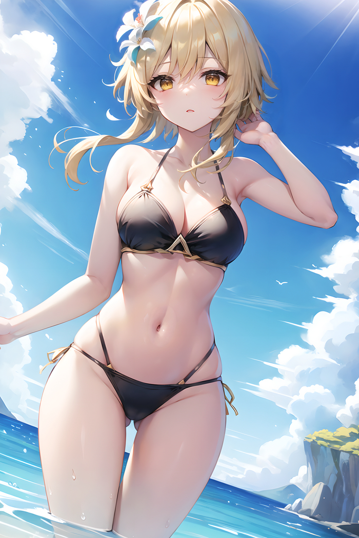 Lumin - NSFW, Swimsuit, Lumine, Stomach, Navel, Neural network art, Genshin impact, Anime art, Anime