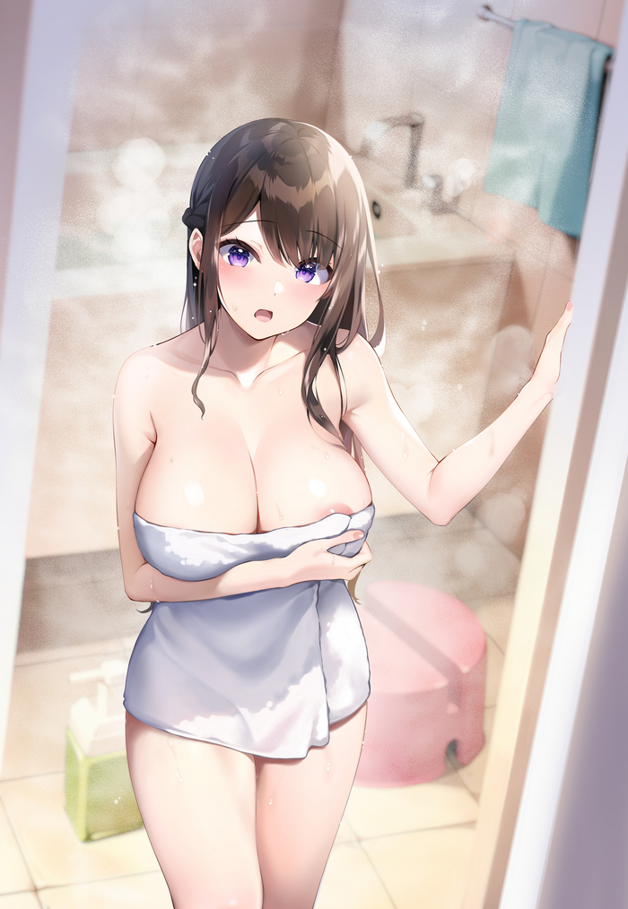 Girl after bath from rei (rei's room) - NSFW, Anime, Anime art, Hand-drawn erotica, Boobs, Nipples, Labia, Stomach, Hips, Long hair, Bathroom, Towel, Longpost