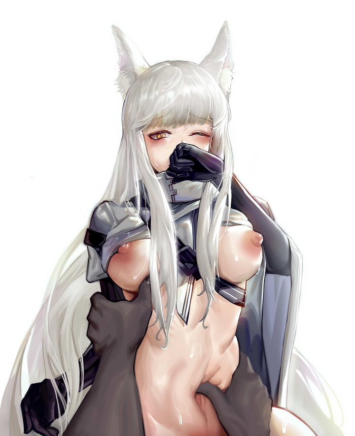 Eared Platinum from Arknights by hvvt - NSFW, Anime, Anime art, Animal ears, Arknights, Platinum, Nipples, Stomach, Long hair