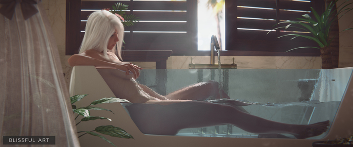 YoRHa No.2 Type A - NSFW, Эротика, Арт, Yorha unit No 2 type a, NIER Automata, 3D, Сиськи, Нагота, Ванна, Вода, Девушки