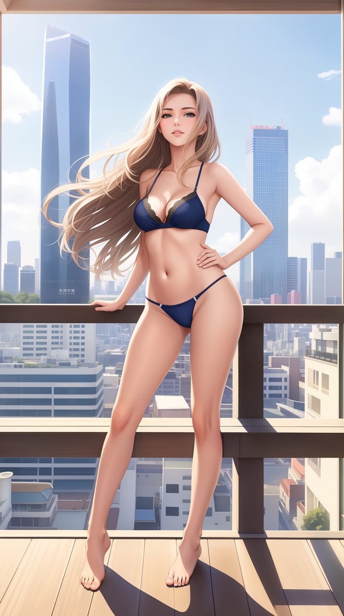 Cityscape - NSFW, Моё, Аниме, Anime Art, Арты нейросетей, Арт, Девушки, Нижнее белье, Город, Обои на телефон