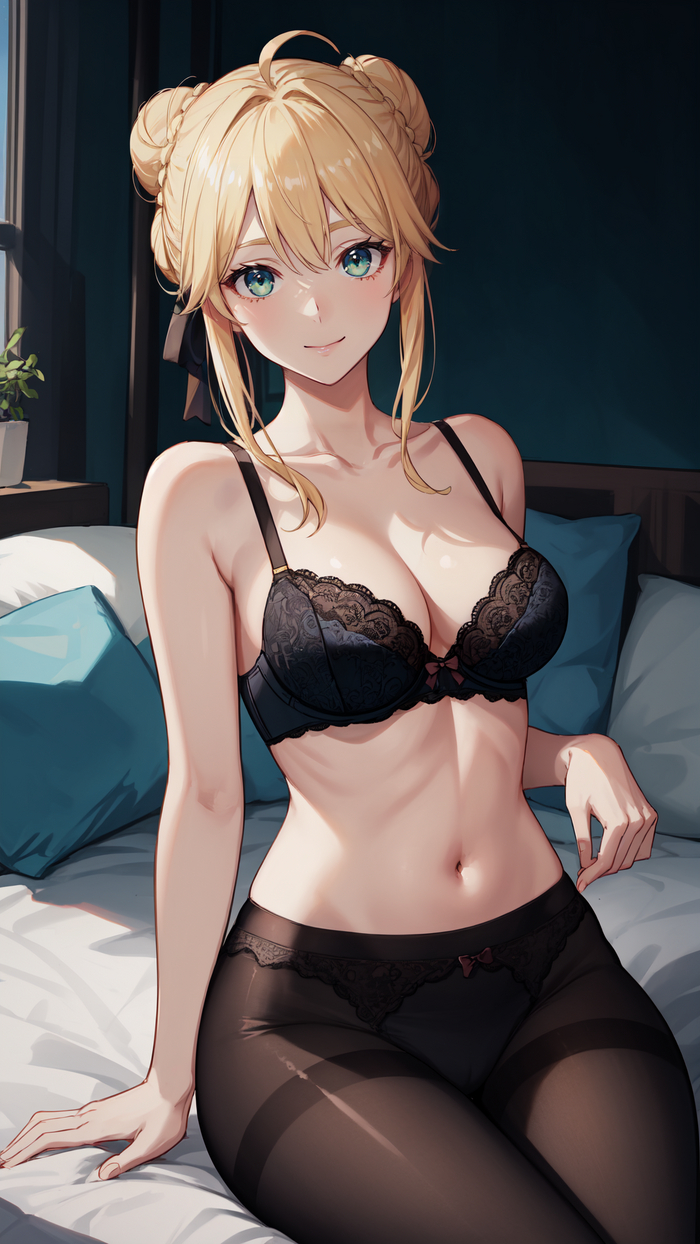 Green-eyed blonde woman waiting in her crib - NSFW, My, Girls, Anime, 2D, Stable diffusion, Anime art, Longpost, Art, Нейронные сети, Artificial Intelligence, Digital drawing, Boobs, Blonde, Green eyes, Tights