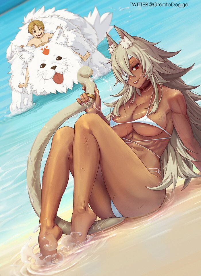 Ghislaine on the beach - NSFW, Anime, Anime art, Art, Mushoku tensei, Rudeus Greyrat, Greatodoggo, Swimsuit, Boobs, Animal ears, Tail, Beach, Erotic, Hand-drawn erotica