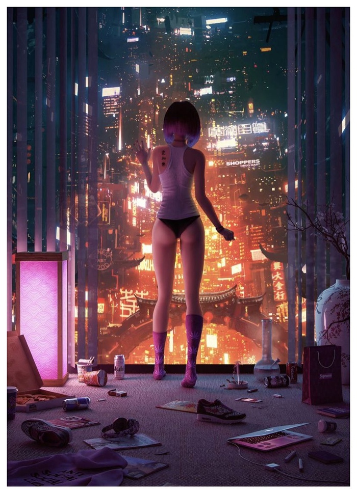 Cyberpunk - NSFW, Images, Art, Erotic, Booty, Cyberpunk, Square, Colorful hair, Mess