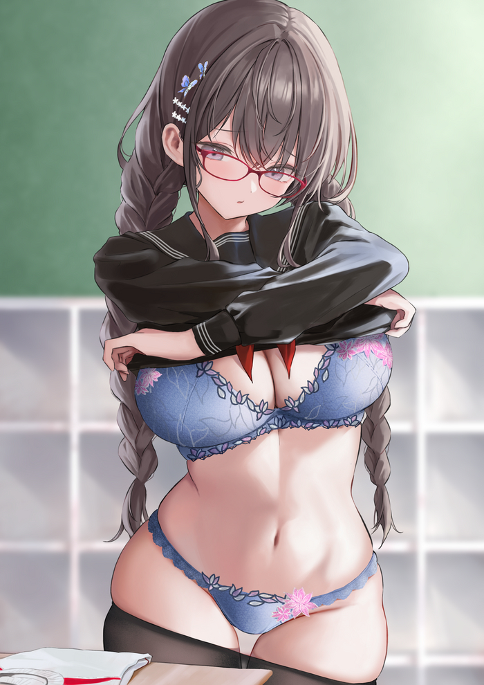 Nyasha shows off her underwear while changing clothes from huziko32 - NSFW, Anime, Anime art, Hand-drawn erotica, Boobs, Pantsu, Bra, Hips, Stockings, Stomach, School uniform, Long hair, Girl in glasses, Original character, Huziko32