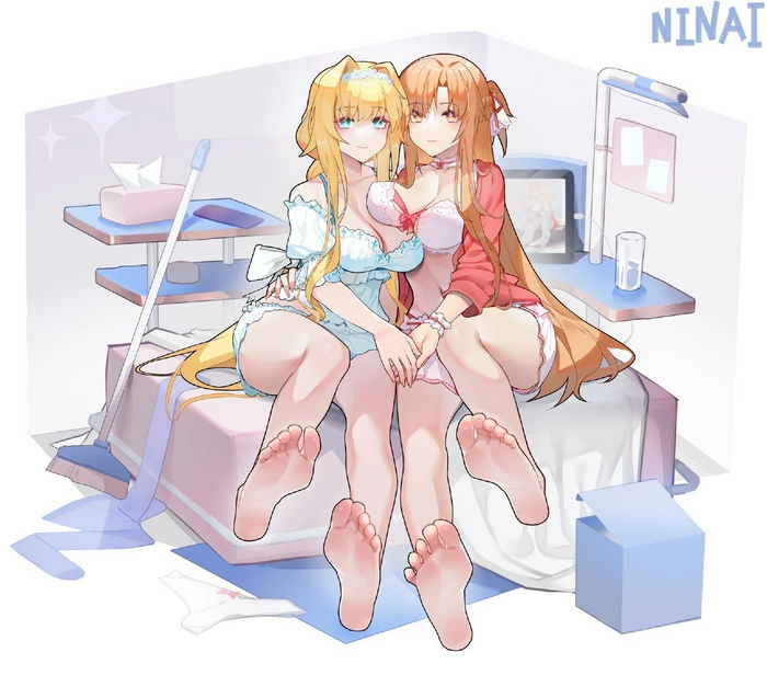 Why do they need some kind of downtrodden paralytic? - NSFW, Anime, Anime art, Yuuki asuna, Sword Art Online, Yuri, Peignoir, Sword Art Online: Alicization