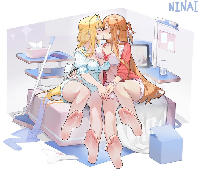 Why do they need some kind of downtrodden paralytic? - NSFW, Anime, Anime art, Yuuki asuna, Sword Art Online, Yuri, Peignoir