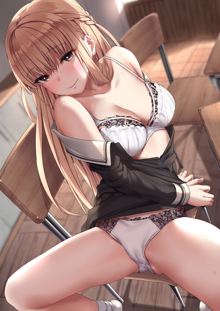 Harukawa Syuria spreads her legs from jack dempa - NSFW, Anime, Anime art, Hand-drawn erotica, Hips, Pantsu, Bra, School uniform, Long hair, Original character