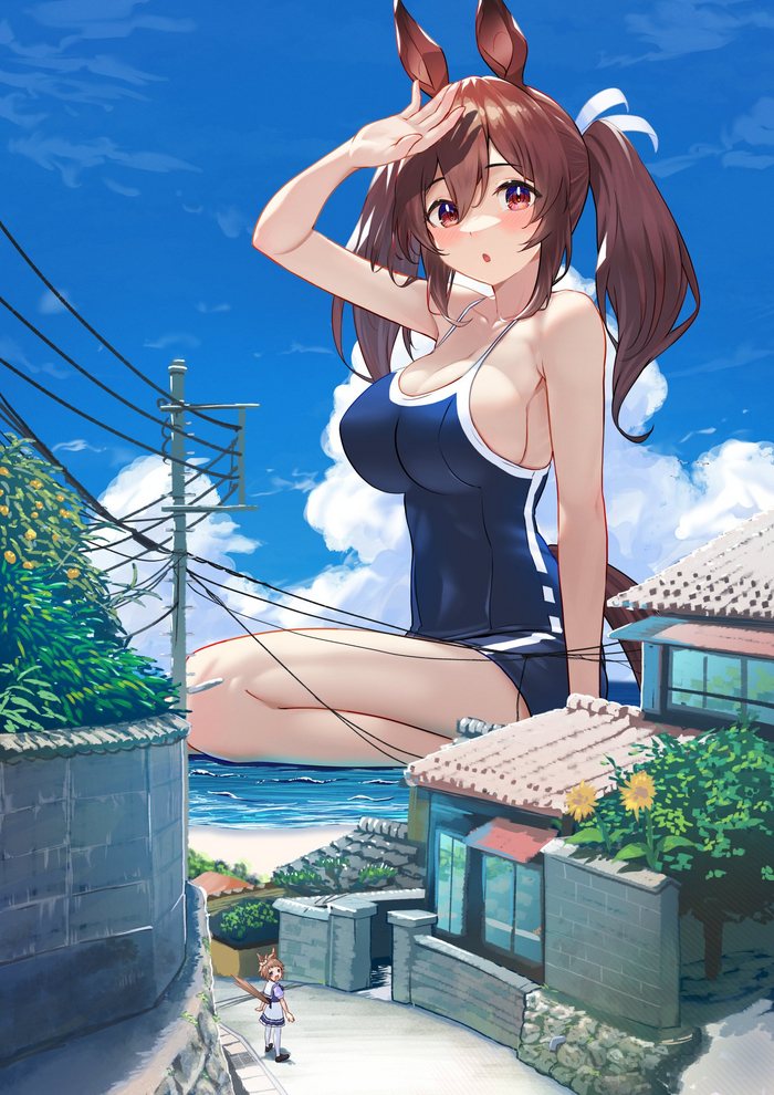 In a swimsuit - NSFW, Swimsuit, Anime art, Giantess, Animal ears, Uma musume pretty derby