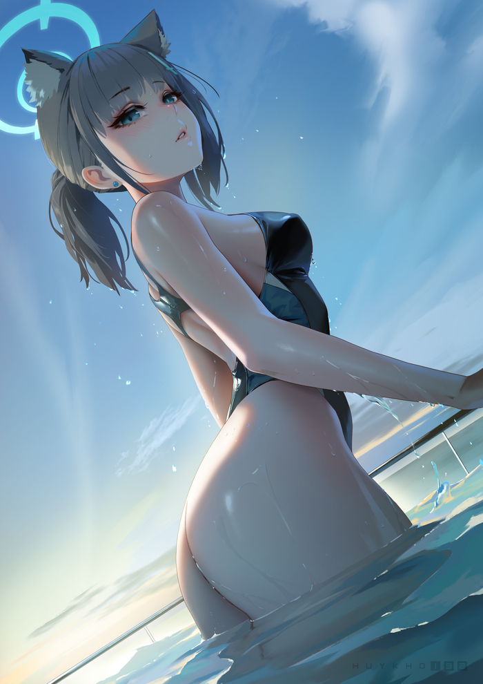 Sunaookami Shiroko - NSFW, Anime, Anime art, Art, Girls, Sunaookami shiroko, Games, Animal ears, Swimsuit, Huykho192, Booty, Blue archive