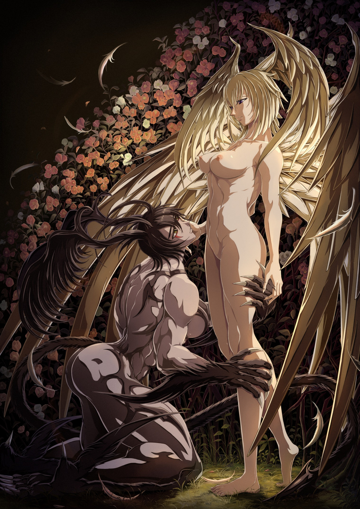 Demoness Fudou Jun and her owner Asuka Lan from Devilman Lady by abaraguma - NSFW, Anime, Anime art, Hand-drawn erotica, Yuri, Demon, Strong girl, Tail, Press, Hips, Boobs, Nipples, Pubis, Wings