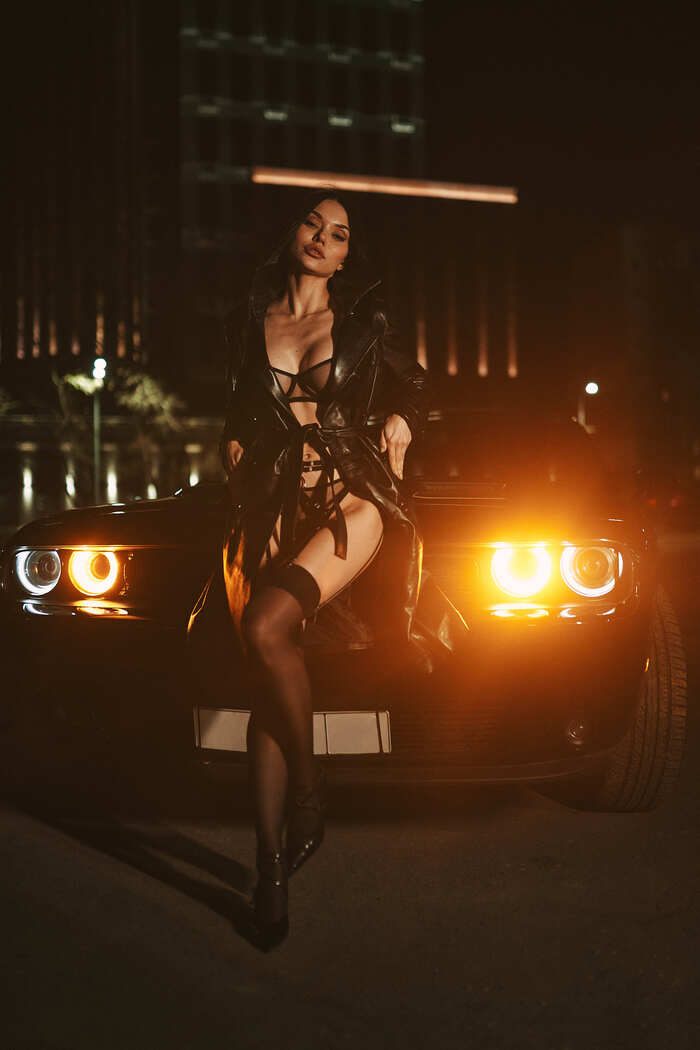 The city falls asleep, wakes up... - NSFW, My, Girls, Brunette, Boobs, Sexuality, Figure, Onlyfans, Stockings, Cloak, Auto, Dodge challenger, Professional shooting