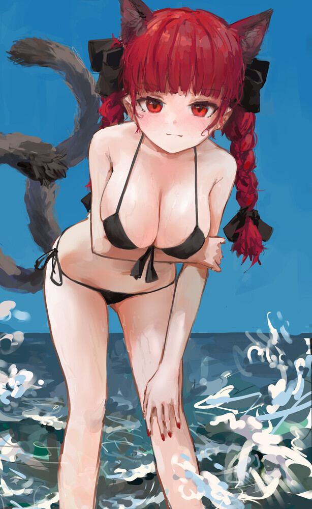 Rin - NSFW, Touhou, Kaenbyou rin, Art, Anime art, Anime, Swimsuit, Boobs, Tail, Animal ears, Erotic, Hand-drawn erotica, Reddizen