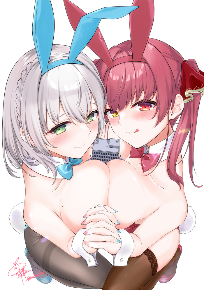 Между грудей - NSFW, Anime Art, Колготки, Чулки, Hololive, Virtual YouTuber, Inaba Oden, Shirogane Noel, Houshou Marine, Bunnysuit, Giantess