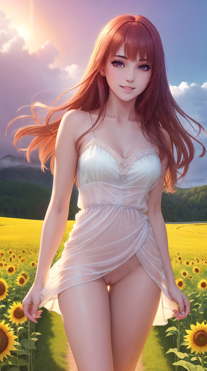 Sunflowers - NSFW, My, Art, Neural network art, Stable diffusion, Anime, Phone wallpaper, Redheads, The dress, Sunflower, Erotic, Girls